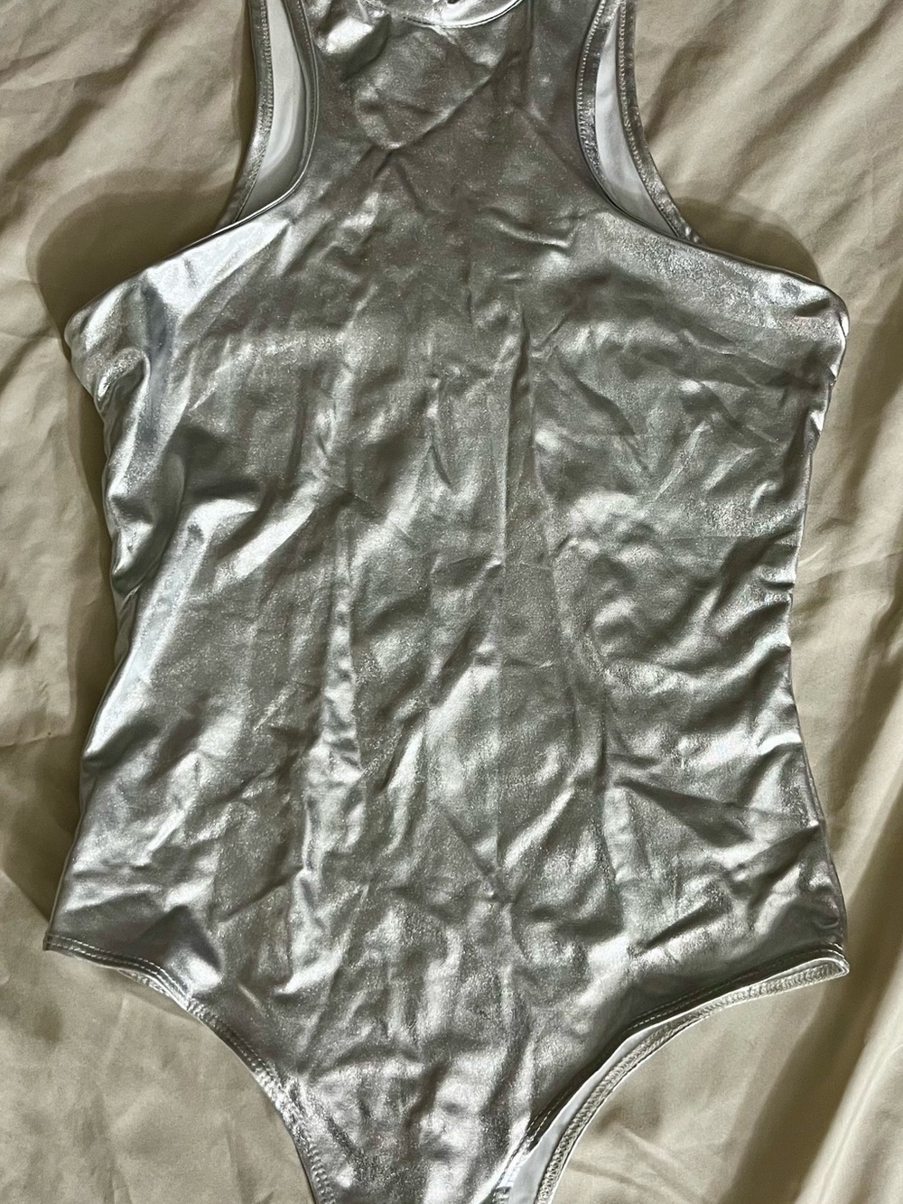 Fashion Nova Shiny Silver Racerback Bodysuit